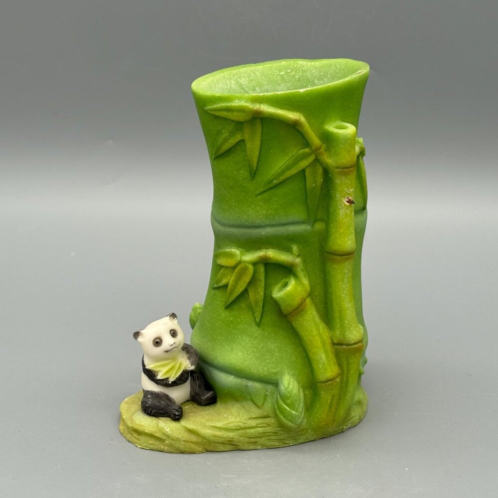 Vintage Panda Bear Bamboo Planter Vase 6" Green Art Pottery Asian Style Decor